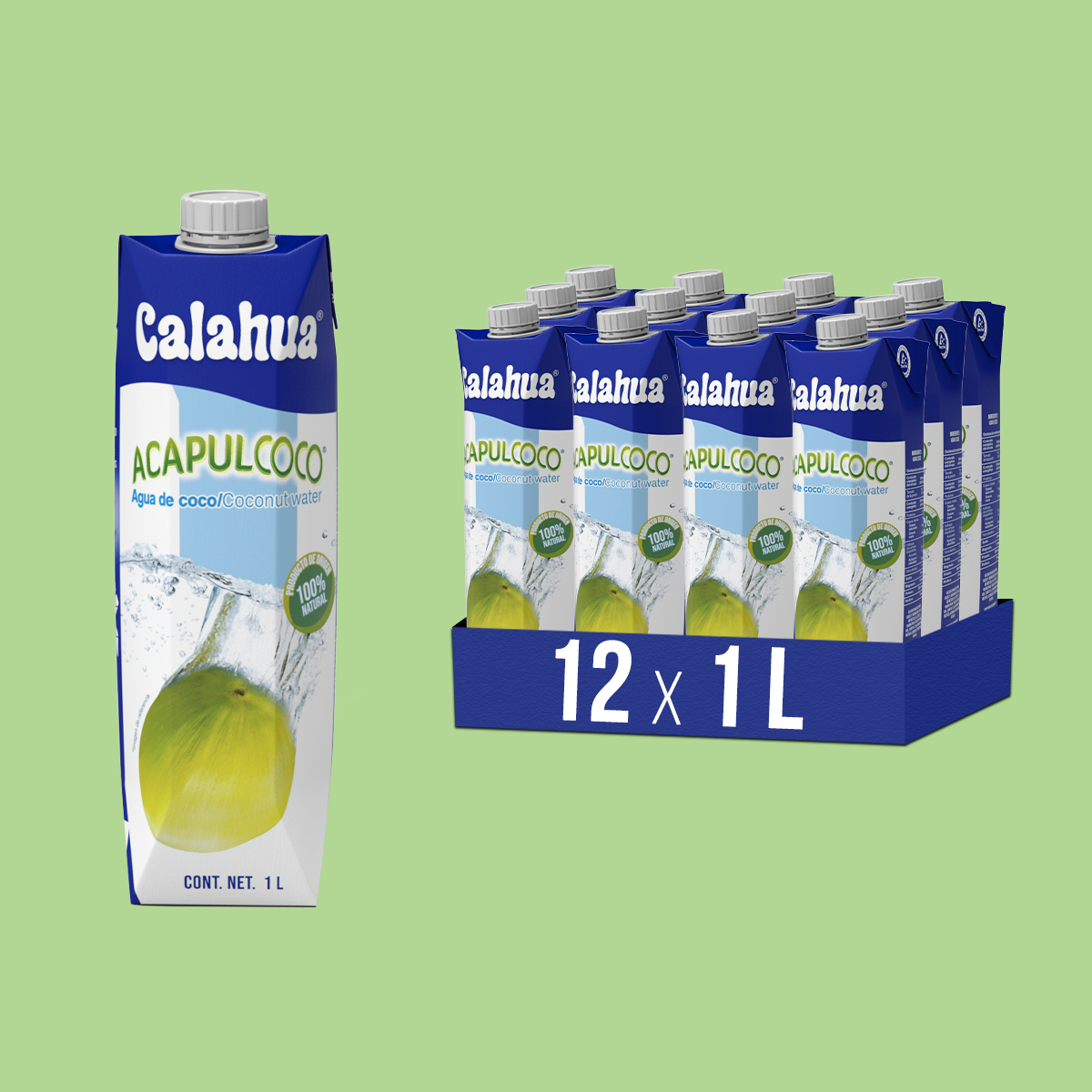 Agua de Coco Natural, Tetra Prisma de 1 litro prsentacion 12